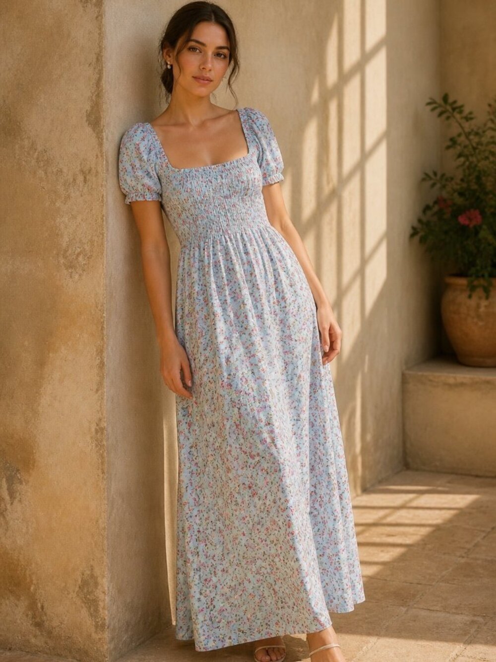 Pie In The Sky Milkmaid Lace Up Puff Sleeve Floral Maxi Dress M Cottage Prairie